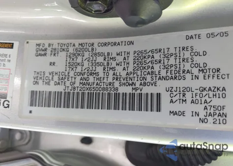 2005 Lexus Gx 470 from USA, damaged, VIN JTJBT20X650088338